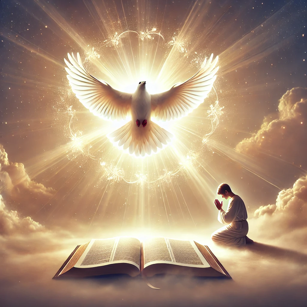 DALL·E 2024 08 14 03 29 17 A radiant dove symbolizing the Holy Spirit descends from above, surrounded by a soft, glowing light The dove hovers over an open Bible, with rays of